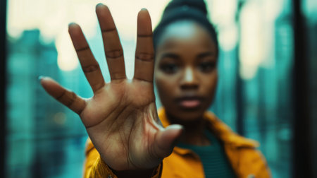 A woman is holding up her hand to stop something. The image has a mood of determination and strengthの素材
