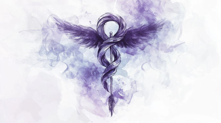 A purple and white drawing of a winged symbol with a staff and a feather. The drawing is of a medical symbol, possibly a stethoscope. Scene is calm and serene, with the purpleの素材