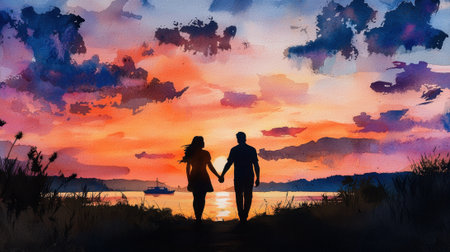 A couple is walking on a beach at sunset. The sky is filled with clouds and the sun is setting. The couple is holding hands and enjoying the beautiful sceneryの素材