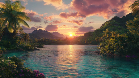 A beautiful sunset over a calm lake with palm trees in the background. The sky is filled with clouds, creating a serene and peaceful atmosphereの素材