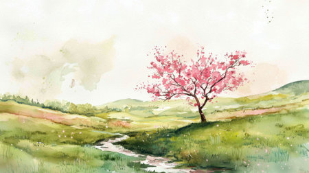 A watercolor painting of a tree in a field with a stream running through it. The painting has a peaceful and serene mood, with the pink tree standing out against the green grassの素材