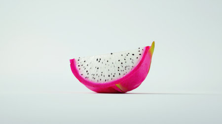 A slice of a red dragon fruit with black seeds. The fruit is cut in half and the seeds are visibleの素材