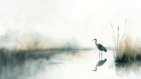 A bird is standing in the water, looking out over the lake. The sky is overcast, and the water is calm. The scene is peaceful and serene, with the bird as the focal pointの素材