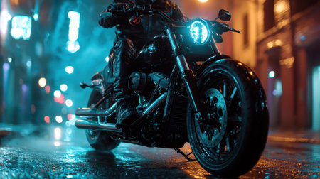 A motorcycle is parked on a wet street at night. The rider is wearing leather pants and a leather jacket. The image has a moody and mysterious feel to it, with the wet streetの素材