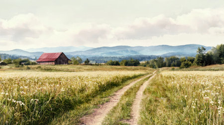 A red barn sits in a field of tall grass. The barn is surrounded by a dirt road and the sky is cloudy. The scene is peaceful and serene, with the barnの素材