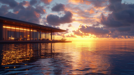 A beautiful sunset is reflected in the water of a lake. The sky is filled with clouds, creating a serene and peaceful atmosphere. The house on the shore is a stunning example of modern architectureの素材