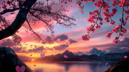 A beautiful sunset over a lake with pink cherry blossoms in the background. The scene is serene and peaceful, with the pink flowers adding a touch of romance to the landscapeの素材