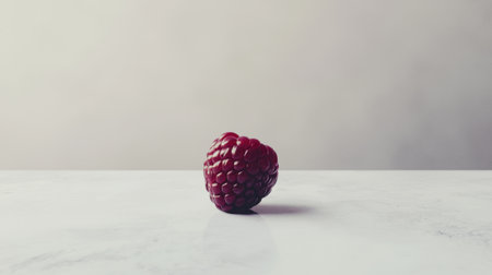 A red raspberry sits on a white table. Concept of simplicity and natural beauty. The raspberry is the main focus of the image, and its bright red color stands out against the white backgroundの素材