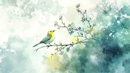 A bird is perched on a branch in a painting. The painting has a blue and white color scheme and a light, airy feel. The bird is the focal point of the paintingの素材