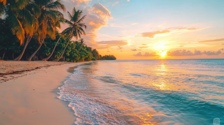 A beautiful beach with palm trees and a calm ocean. The sun is setting, creating a warm and peaceful atmosphereの素材