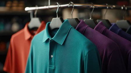 A rack of shirts with a variety of colors, including blue, purple, and red. The shirts are hanging on a metal rack, and the overall mood of the image is casual and relaxedの素材