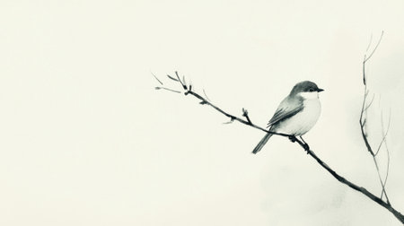 A bird is perched on a branch. The image is a black and white drawing of a bird on a branchの素材