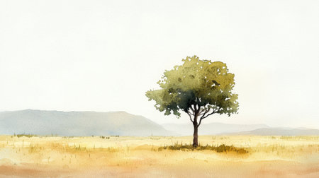 A tree stands in a field of yellow grass. The sky is overcast and the tree is the only object in the sceneの素材