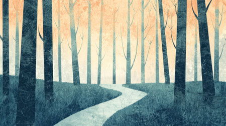 A forest with a path through it. The path is narrow and the trees are tall. The sky is orange and the trees are bareの素材