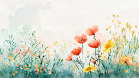 A painting of a field of flowers with a blue sky in the background. The flowers are in various colors, including red, yellow, and green. The painting evokes a sense of peace and tranquilityの素材