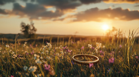 A gold ring is sitting in a field of flowers. The ring is surrounded by a variety of flowers, including daisies and wildflowers. The scene is peaceful and sereneの素材