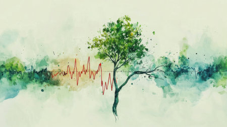 A tree is surrounded by a red line, which is a representation of an echo. Concept of nature and the power of soundの素材