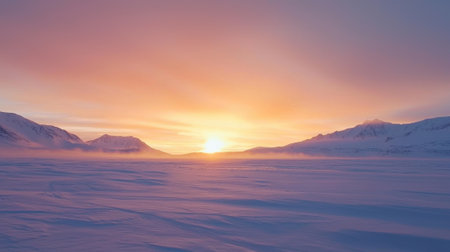 Soft hues of orange and pink fill the sky as the sun rises above a vast, snow-covered plain with distant mountains. The tranquil scene captures early morning serenity.の素材