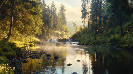 A peaceful scene of a river with a waterfall and trees in the background. The water is calm and the sunlight is shining on it, creating a serene atmosphereの素材