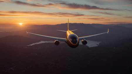 A large jet plane is flying through the sky at sunset. The plane is yellow and black and is flying over a mountain range. The sky is filled with clouds, and the sun is setting in the distanceの素材