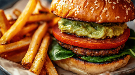 A burger with a tomato and avocado on it sits on a plate with French fries. The burger is topped with a generous amount of guacamole, and the fries are golden brown and crispyの素材