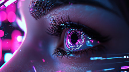 A woman's eye is glowing with a purple hue. The eye is surrounded by a glowing, pixelated pattern. The image has a futuristic, sci-fi feel to itの素材