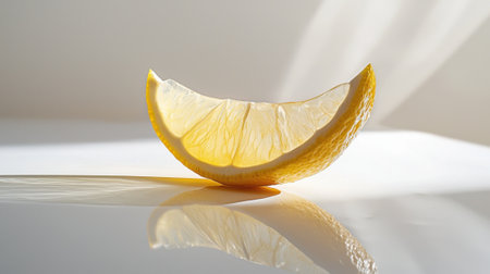 A slice of lemon is cut in half and placed on a white table. The reflection of the lemon slice can be seen in the tableの素材
