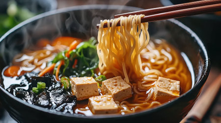 A bowl of noodles with tofu and vegetables. The noodles are long and the soup is hot. The bowl is black and the chopsticks are brownの素材