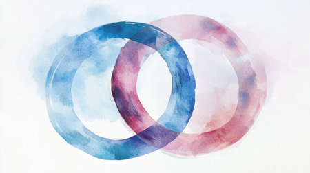 The two circles are blue and red. They are connected by a line. The circles are painted in watercolorの素材