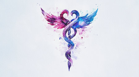 A colorful symbol of a snake and wings with a cross on it. The wings are blue and pinkの素材