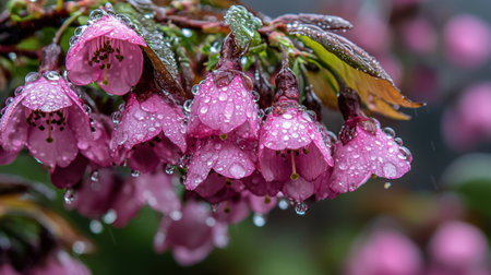 A bunch of pink flowers with raindrops on them. The flowers are drooping and the raindrops are falling on themの素材