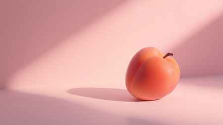 A peach is sitting on a table in front of a pink wall. The peach is ripe and ready to eatの素材