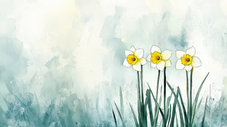 Three yellow flowers are in a field of grass. The flowers are yellow and white and are in the foreground of the imageの素材
