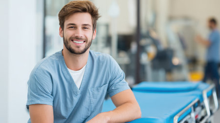 A cheerful medical professional relaxes in a modern healthcare facility while wearing scrubs.の素材