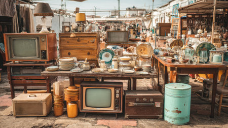 A lively market scene filled with vintage items antique furniture and colorful decorations.の素材