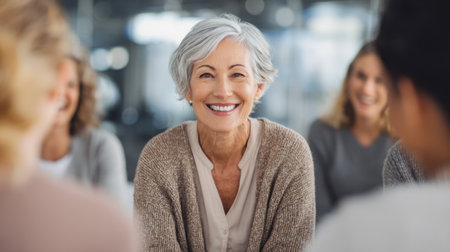 A joyful senior woman shares her thoughts with a friendly group inspiring warmth and connection.の素材