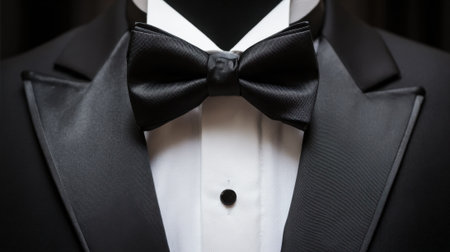 This close-up highlights a classic black bow tie perfectly paired with a crisp white dress shirt and sleek tuxedo jacket. Ideal for formal events and celebrations.の素材