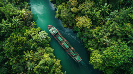 A cargo ship moves slowly along a winding river surrounded by lush greenery. The vibrant forest reflects rich shades of green under the sunlight creating a serene scene of nature and industry.の素材