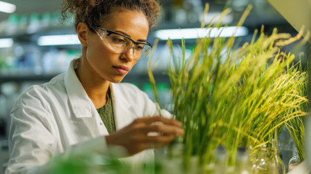 Scientist examines green plants in glass containers working carefully in a well equipped laboratory.の素材
