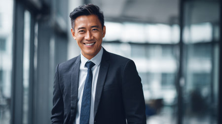 A joyful young man in a suit stands in a sleek office radiating confidence and positivity.の素材