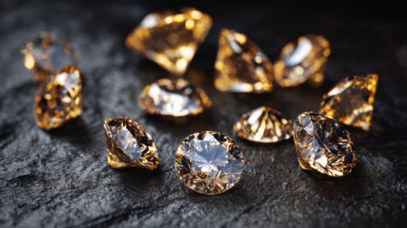 Yellow diamonds of various shapes lie scattered on a textured dark stone surface. Their brilliance catches the light creating a stunning display of color and reflection.の素材