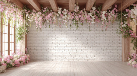 A beautiful scene showcases a bright room adorned with cascading flowers above a white brick wall.の素材