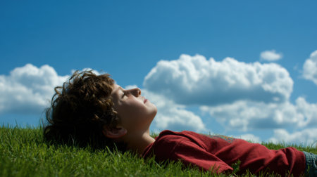 A young boy relaxes on green grass gazing up at the vibrant blue sky with clouds floating by.の素材