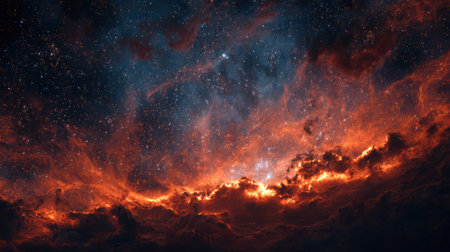 Colorful clouds fill the night sky glowing with shades of orange and blue. Stars twinkle amidst the cosmic scene creating a stunning view of a nebula in space.の素材