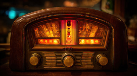 A classic radio glows softly in a dimly lit room creating a warm and inviting atmosphere during night.の素材