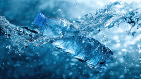A clear plastic bottle swirls through shimmering blue water creating splashes and bubbles.の素材