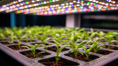 Small green seedlings thrive in soil trays illuminated by bright colorful LED lights in a controlled indoor environment. This setup fosters growth and supports plant health.の素材