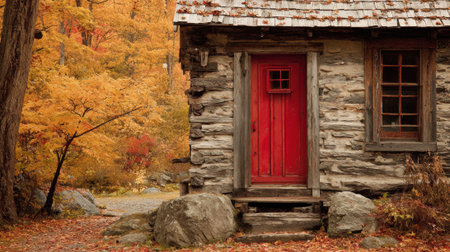 A charming log cabin stands alone amidst bright autumn leaves inviting and peaceful.の素材