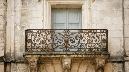 A carefully crafted balcony with ornate railings overlooks a quiet street in a charming historic town.の素材