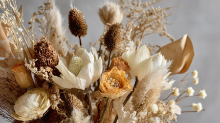 A stunning arrangement of dried flowers in soft shades features various textures and shapes. This artistic display brings warmth and elegance to any space celebrating natures beauty.の素材